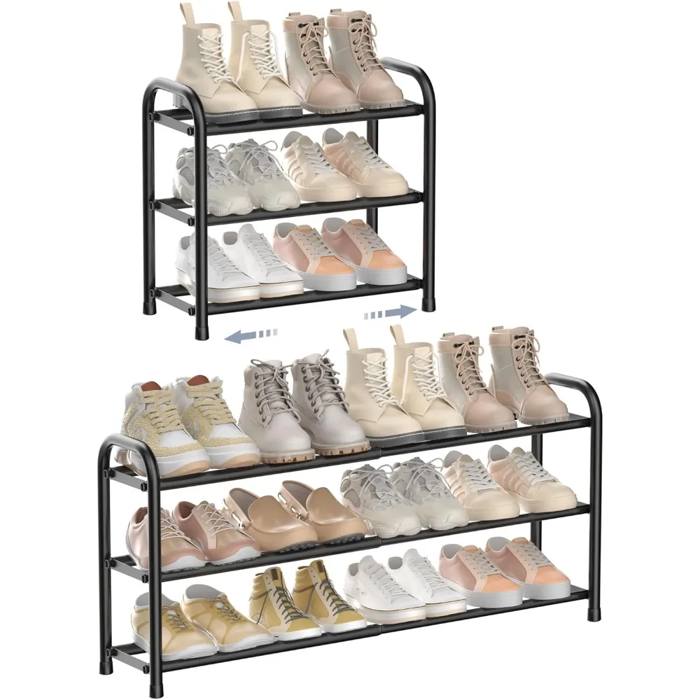 

Expandable Shoe Rack, 3 Tier Adjustable Shoe Organizer Shelf for Closet, Black Metal Free Standing Shoe Rack Storage