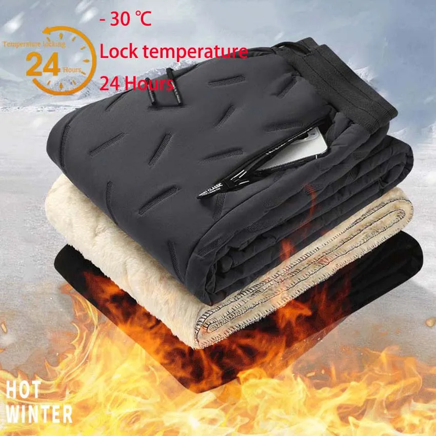 

New Winter Men Warm Thicken Sweatpants Fleece Joggers Pants Lambskin Cashmere Casual Male WaterProof Thermal Cargo Trousers 7XL