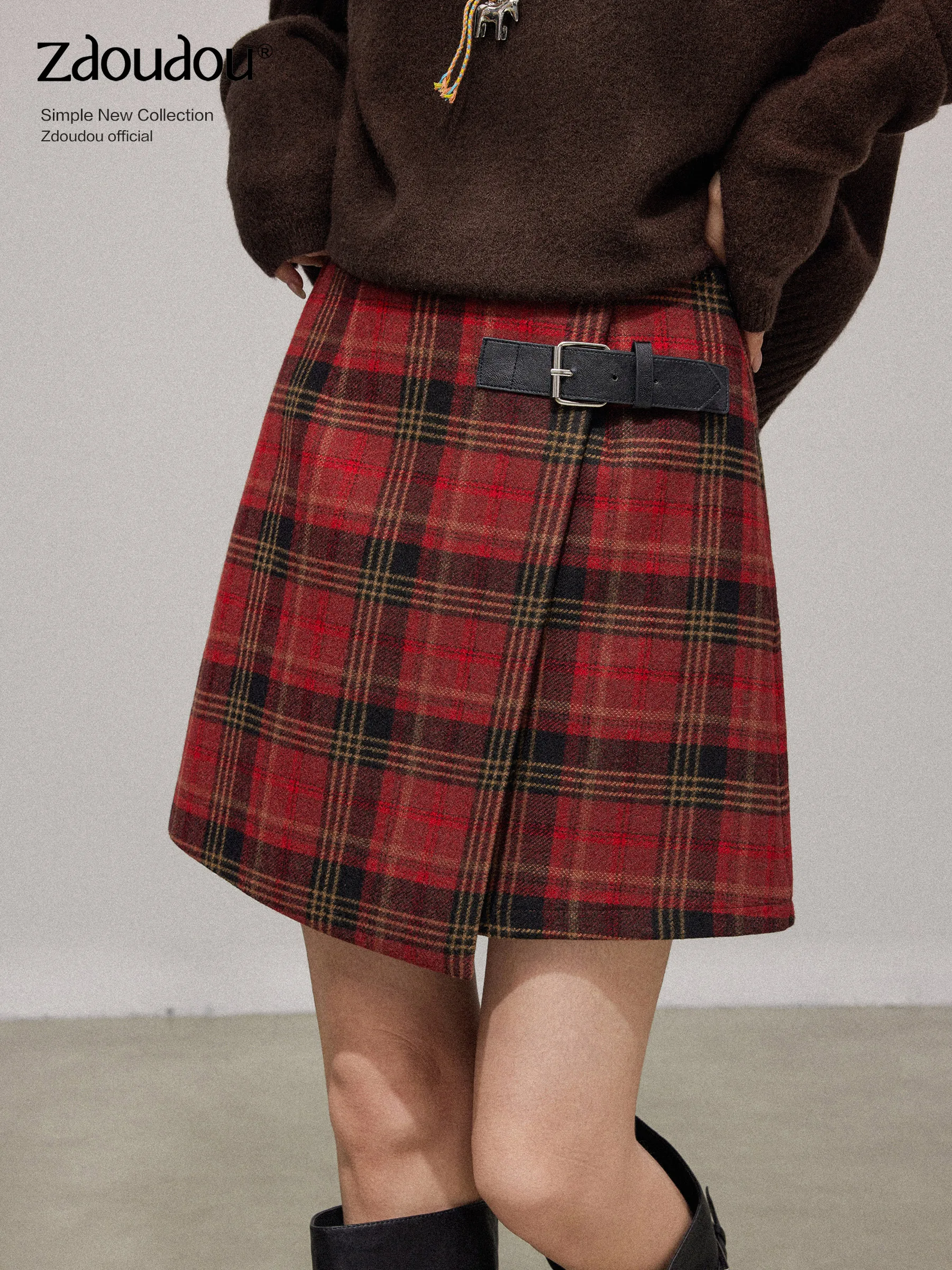 

Красная клетчатая юбка А-силуэта с высокой талией, асимметричная, женская, осенне-зимняя, модная, повседневная, предотвращающая просвечивание, юбка-полусолнце