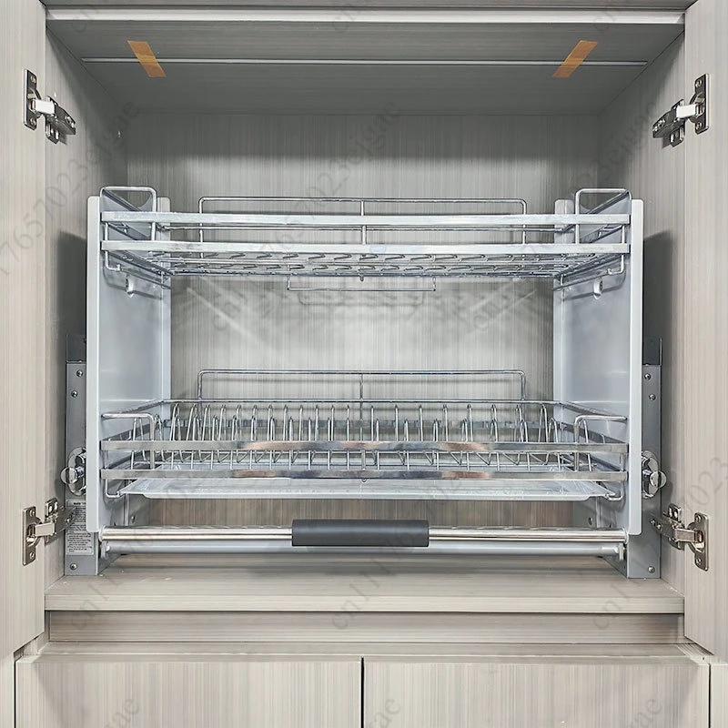 Kitchen Cabinet Pull‑Down Elevator Basket Wall Cabinet Lifting Storage Rack Seasoning Dish Organizer