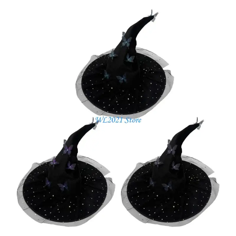 

G5GC Halloween Party Witch Hat Folded Brimmed Design With Butterfly Decoration For Adults Black Blue