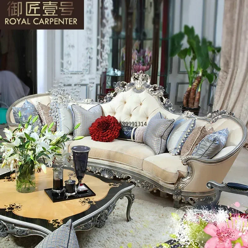 European style solid wood sofa, palace luxury villa, large family, European style living room, leather sofa combination