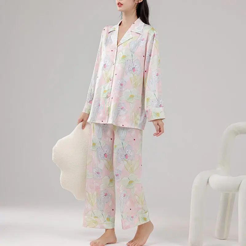 Two-Piece Women Pajamas Set Spring Silk Satin Sleepwear Lingerie Lapel Long Sleeve Shirt Trouser Suit Casual Pijamas Homewear