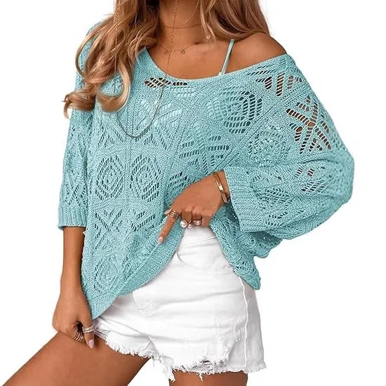 Spring And Summer Crochet Hollow Seven-quarter Sleeve Pullover Sweater Knitted Sweater Bat