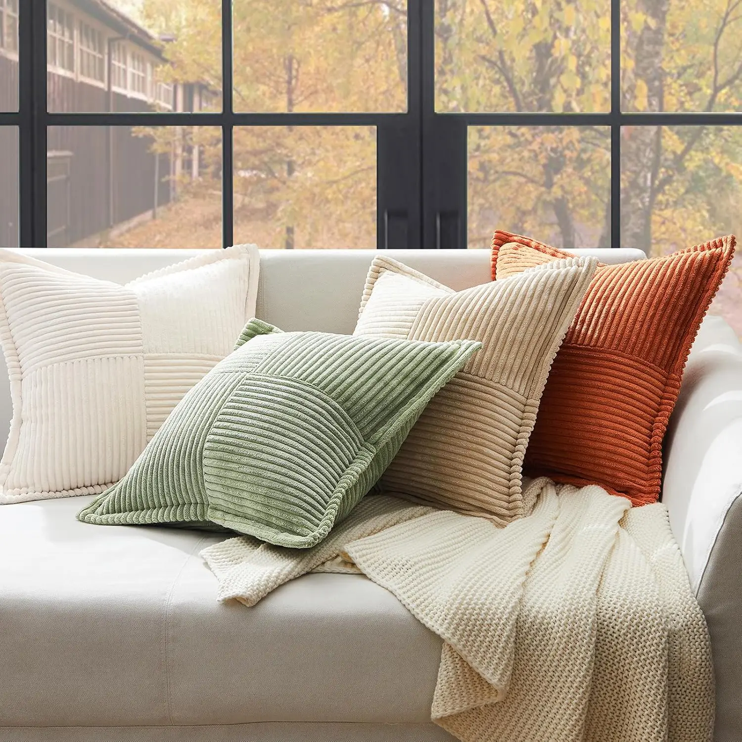Fall Broadside Throw Pillow Cover with Splicing 18x18 Super Soft Corduroy Couch Pillow Covers Decorative Orange Throw Pillows