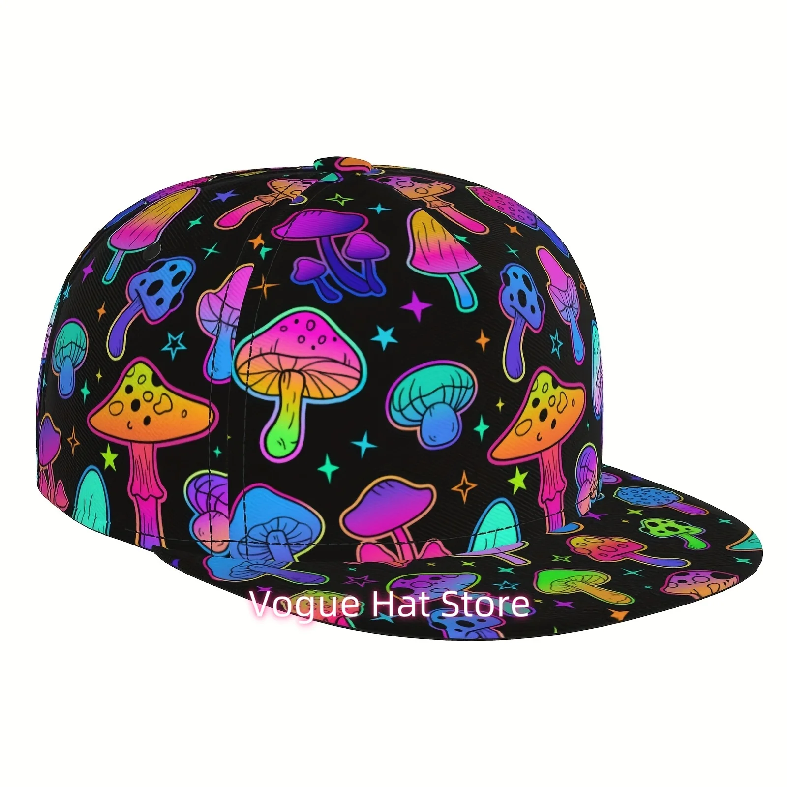 Unisex Baseball Cap Featuring a Vibrant Neon Mushroom Design, Perfect for Both Men And Women. This Colorful Flat Bill Snapback H