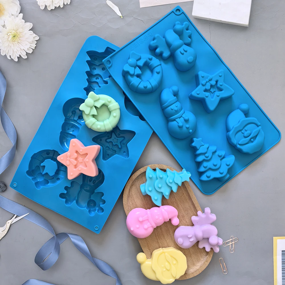 1pc Christmas, 6-cavity flower wreath, snowman, tree shaped silicone mold, used for baking mousse cake, French dessert mold