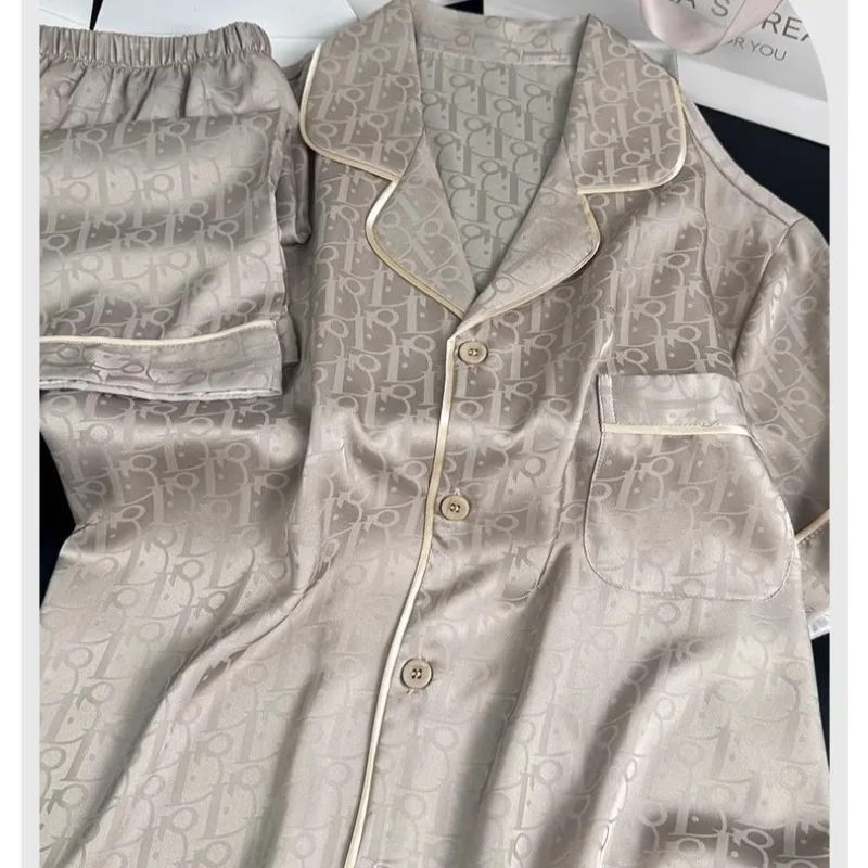 

New Large-size Loungewear Can Be Worn Outside Suit Men's Pajamas Summer Spring and Autumn Thin Ice Silk Long-sleeved Trousers