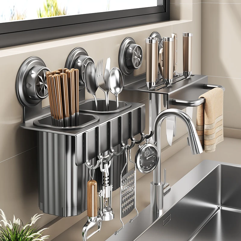 

Новая утолщенная присоска, полка для кухонной утвари без сверления, полка для ножей, настенная полка для хранения, многофункциональная, свободная регулировка.