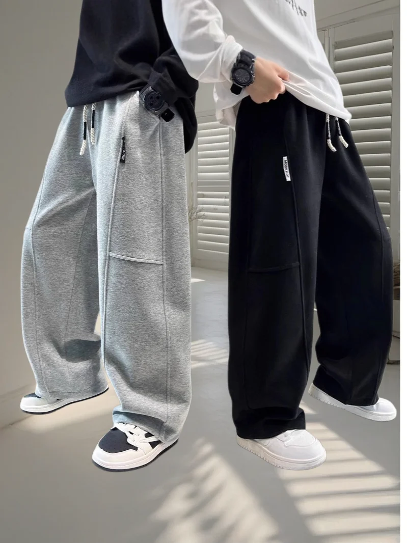 2026 Neue Frühlings-Freizeithose für Kinder, Schwarze Jogginghose mit Elastischem Bund und Geradem Bein für Jungen, Lockere Hose mit Taschen