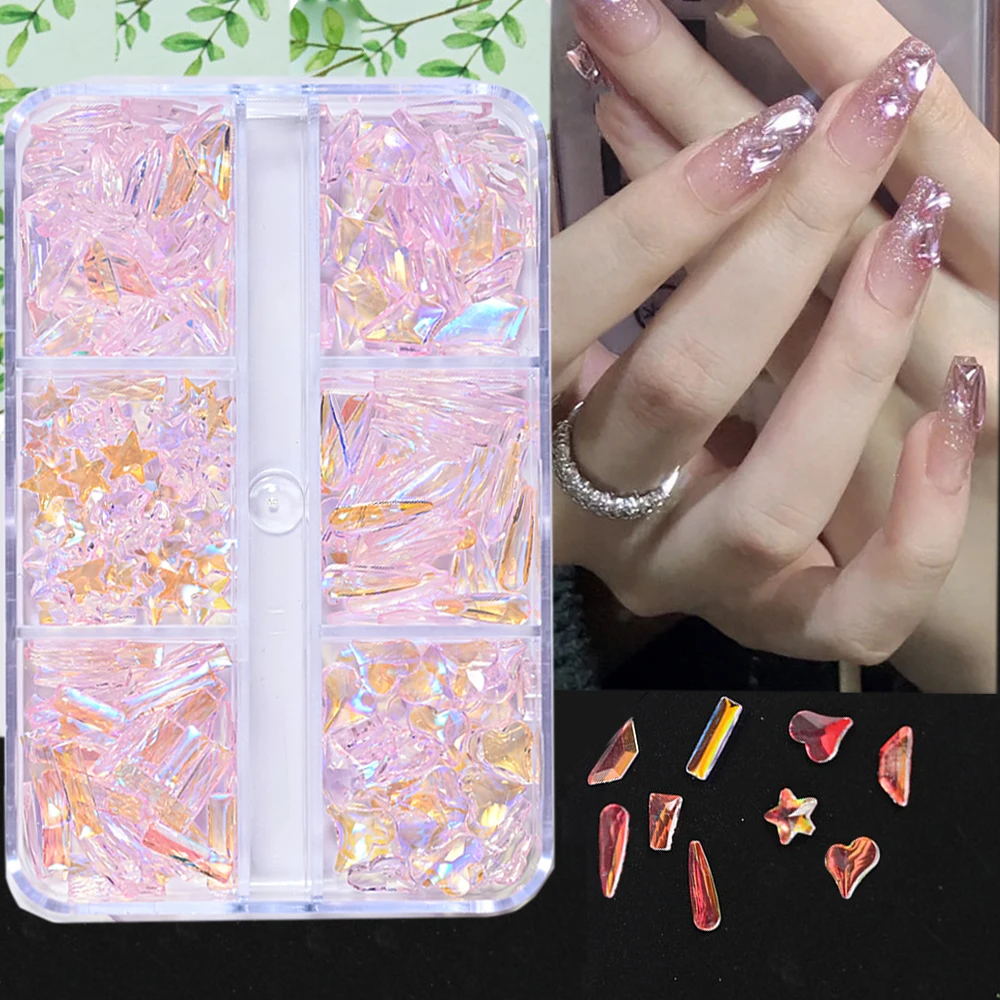 400pcs/box Pink Aurora Rhinestones 6grids Irregular Mixed Crystal Nail Glass Gems Love Heart Star 3D Nail Craft Diamonds Charms