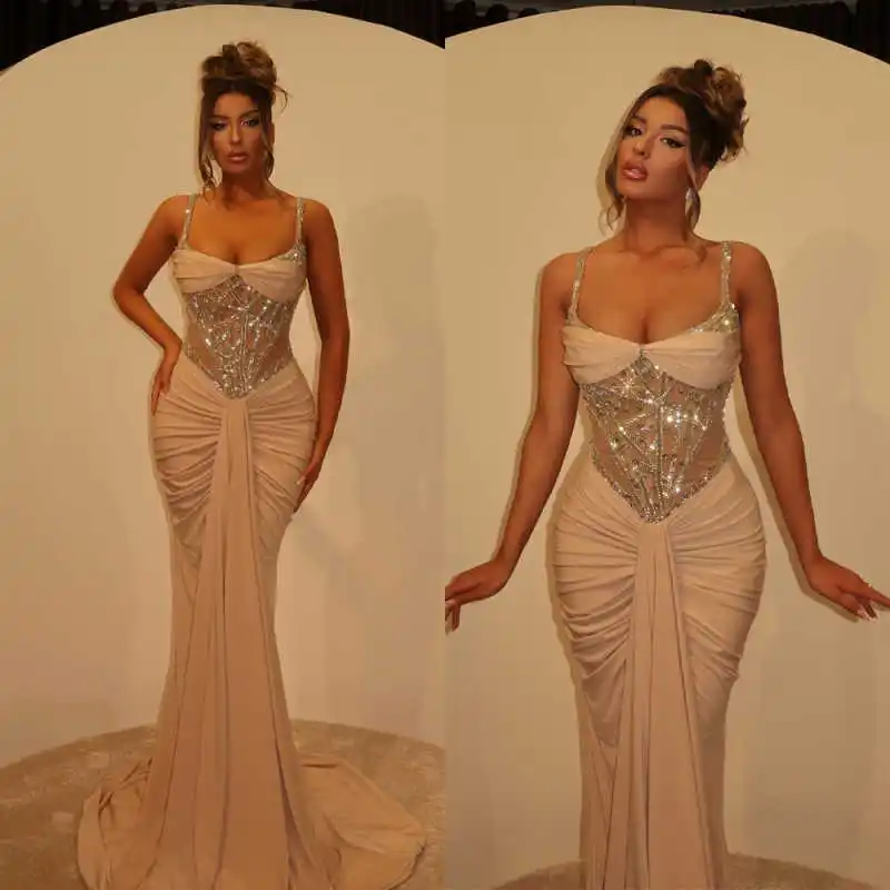 

Elegant Evening Dresses Mermaid Sequins Spaghetti Strap Floor-Length Prom Dress Vestido De Noite Plus Size Customized