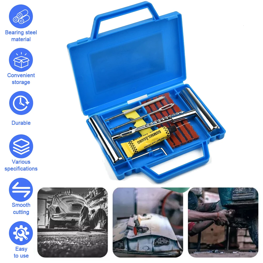 Tragbares Reifenreparatur-Set (12 Werkzeuge + 15 Gummistopfen) – Hochleistungs-Reparaturkit mit T-Griff, Schmiermittel & Messer, für Auto, Van, Motorrad, LKW – Robustes Pannen-Set für schlauchlose