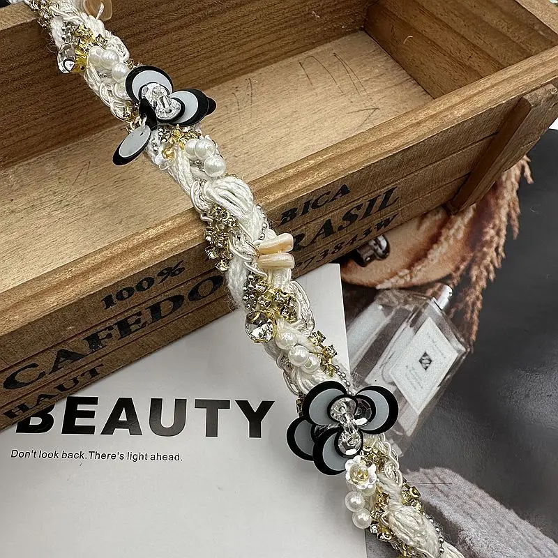 

1yard Pearl Rhinestone Chain Ribbon for DIY Dress Embroidery wedding dress Lace Trimming Decoration， Beaded Camellia Flower Trim