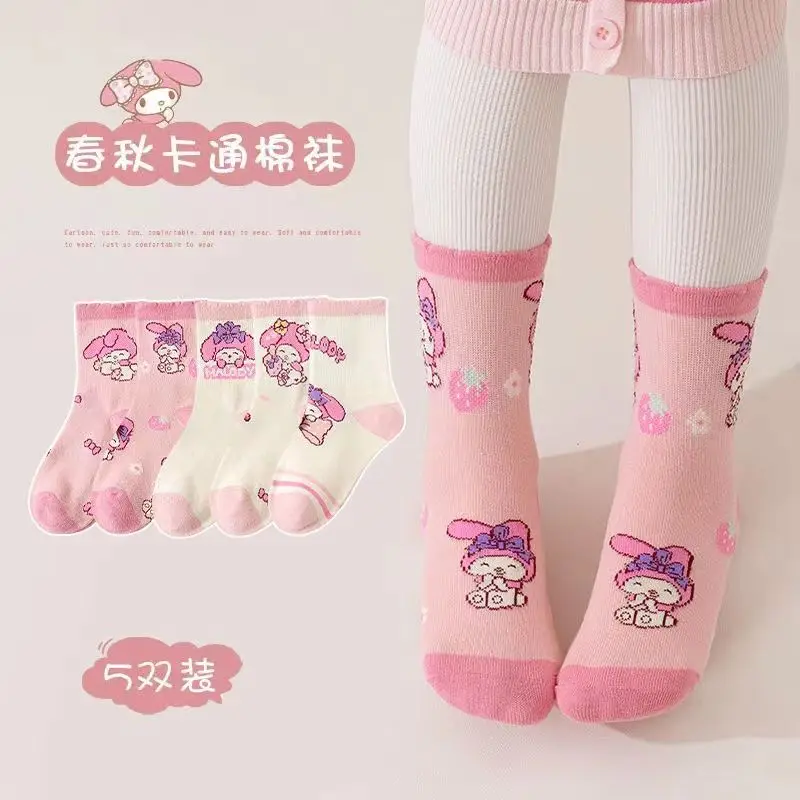 5Pcs Kids Socks Sanrio Kids Socks Hellokitty Cinnamoroll Melody Kuromi Anime Sock Spring Autumn Winter Soft Breathable Girl Gift