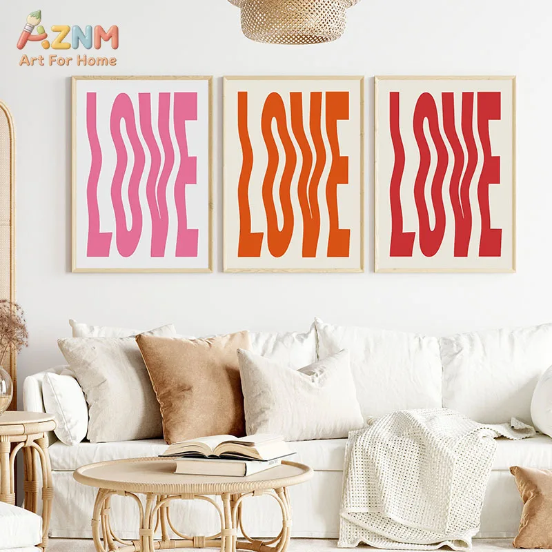 AZNM Retro Warped LOVE CHAOS Text Canvas Wall Art Trendy Colorful Typography Print Unframed Canvas Painting For Apartment Bedroo