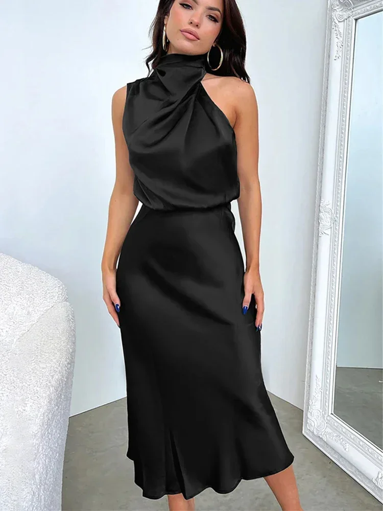 Summer Luxury Sleeveless Silk Satin Long Dress Women Elegant Off Shoulder Celebrity Evening Dress Partywear Lady Trumpet Dress image 5