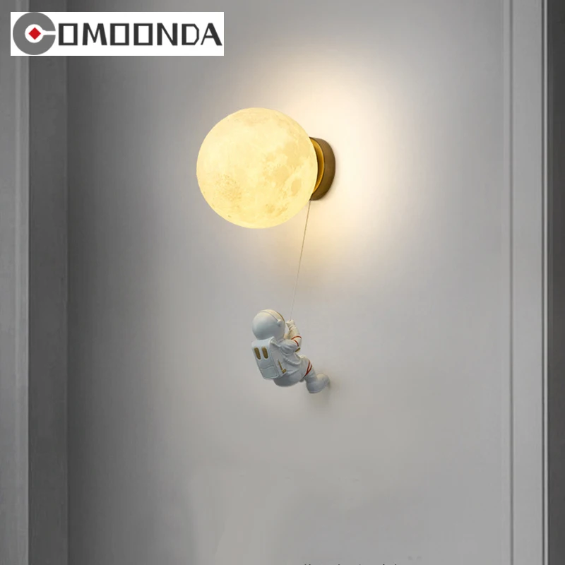 Comoonda Space Astronaut Wall Lamps PLA Lampshade Imitate The Moon Bedroom Children Sconce Lights Modern Creatiive Decor Lustres