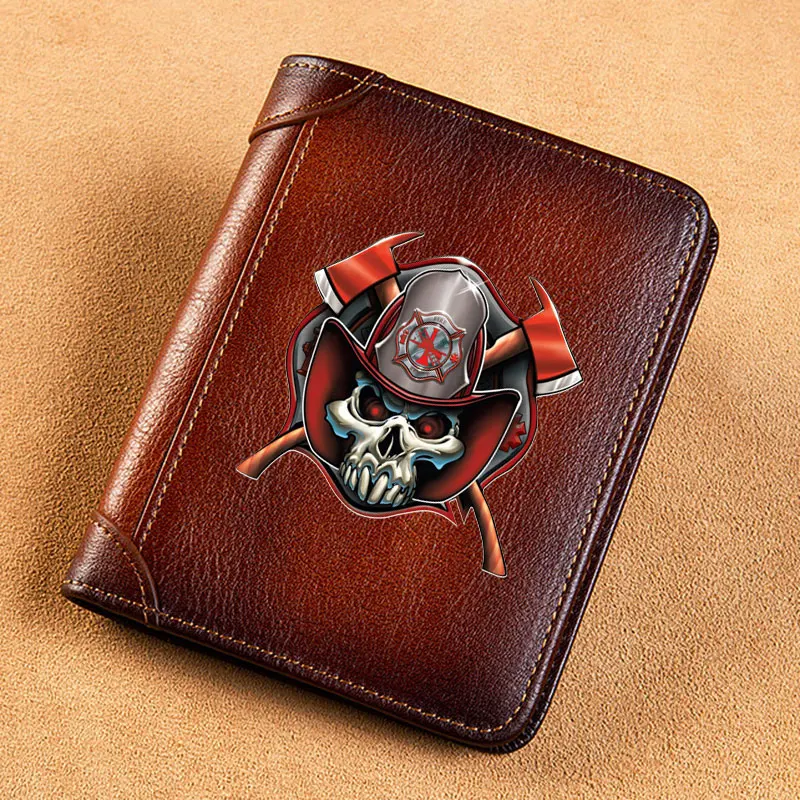 

High Quality Genuine Leather Wallet Firemen Skull Printing Card Holder Male Short Purses BK1339