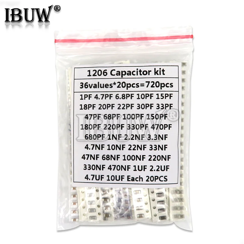 

36Values 1pF-10uF Electronic Capacitor set 1206 SMD Ceramic Capacitor assortment kit 22PF 47PF 22NF 100NF 2.2UF 4.7UF Capacitors
