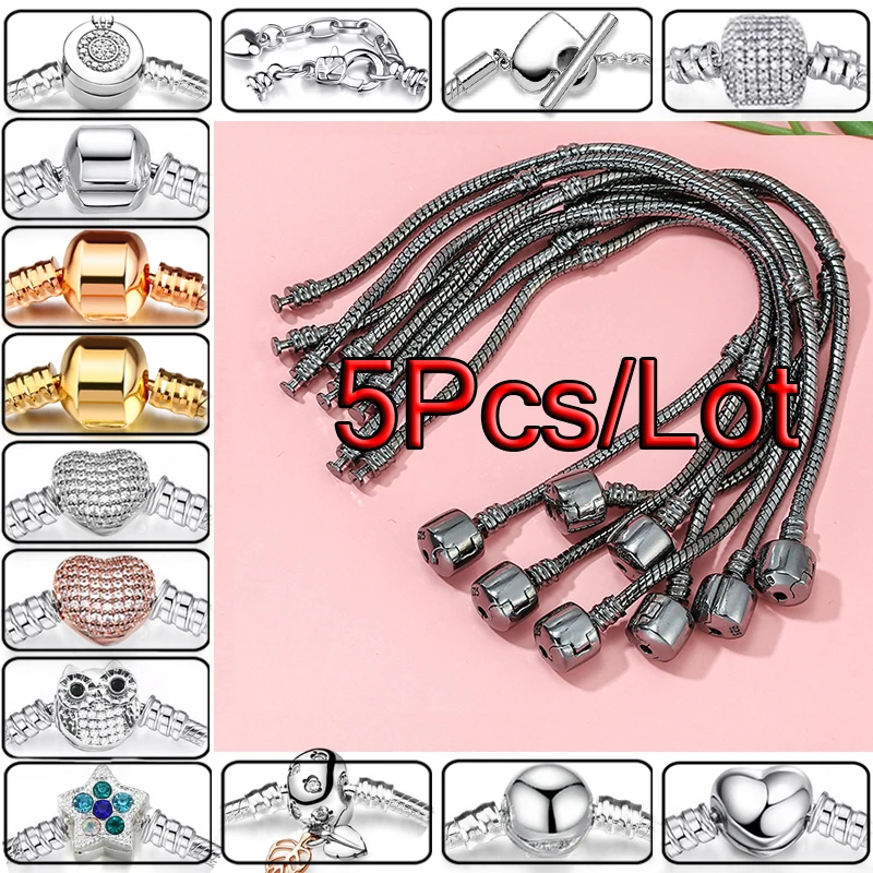 5Pcs/Lot Silver Color Snake Chain Charm Bracelets With 45 Styles Brand Bracelet For Women Men Pulseras Jewelry Gift Wholesale