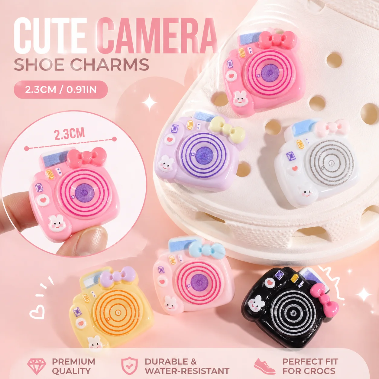 16pcs Mixed Glossy Bow & Camera Resin Shoe Charms - Cute Cartoon Decor for Clogs & Beach Bags