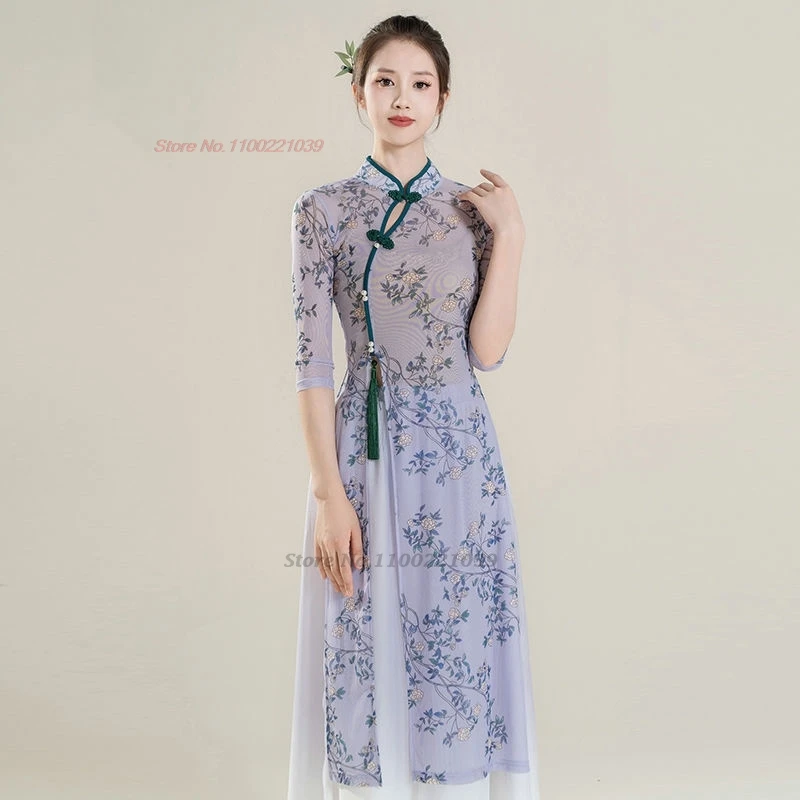 2024 Chinese vintage dans jurk nationale bloemenprint mesh qipao jurk + broek set oosterse folk jurk stage performance kostuum