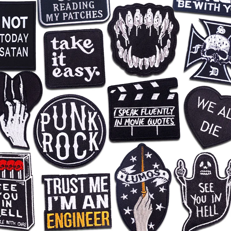 Punk Rock Gestickte Patches Eisen Auf Patches Für Kleidung DIY Nähen Schmelzbaren Patch Schwarz Punk Brief Patch Für Jacken Rucksack