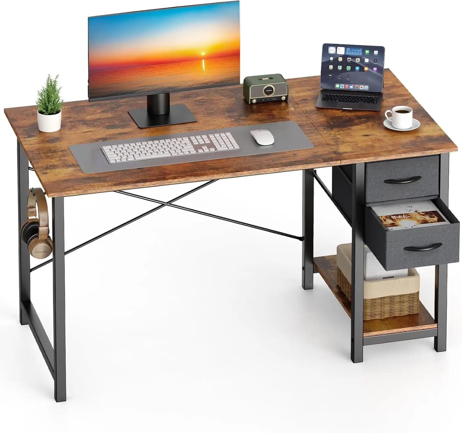 

40 Inch Computer Desk with Drawers, Writing Desk with X-Shaped Reinforcement, Wood Table with Adjustable Position Drawers