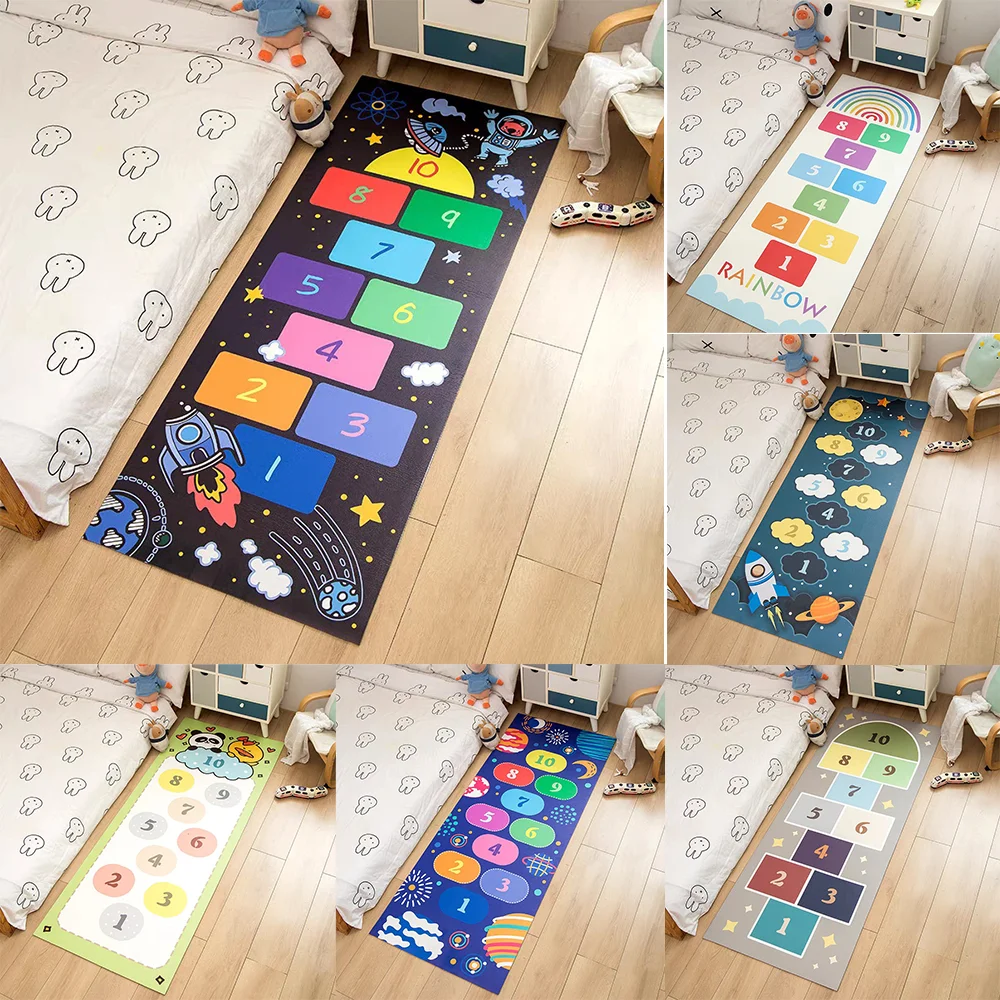 Alfombra de juego para casa de salto para niños, alfombra educativa antideslizante de 1 a 12 números con cohetes y planetas para sala de juegos, alfombra colorida