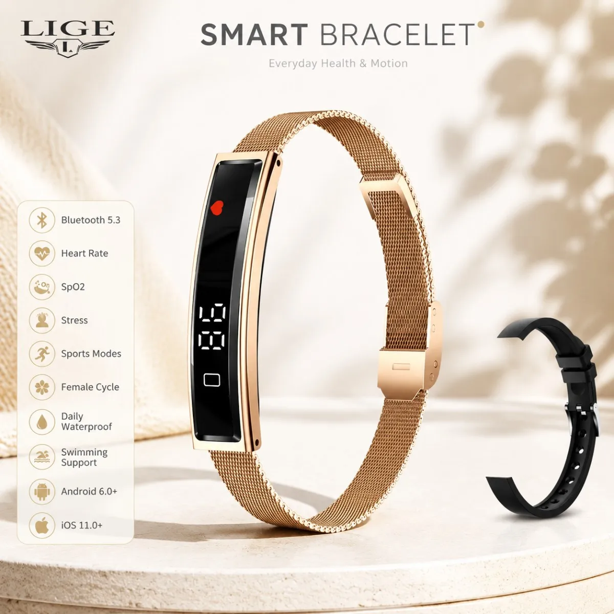 LIGE 2026 Fashion Women Smart Bracelet Sports Modes Fitness Tracker Heart Rate Health Monitoring IP68 Waterproof Men Smart Watch