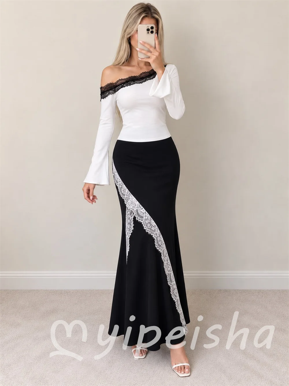 Black Matching Simple Jersey Lace Pleat Mermaid Off-the-shoulder  Ankle Length Evening Dresses Women's Party Gowns Customized