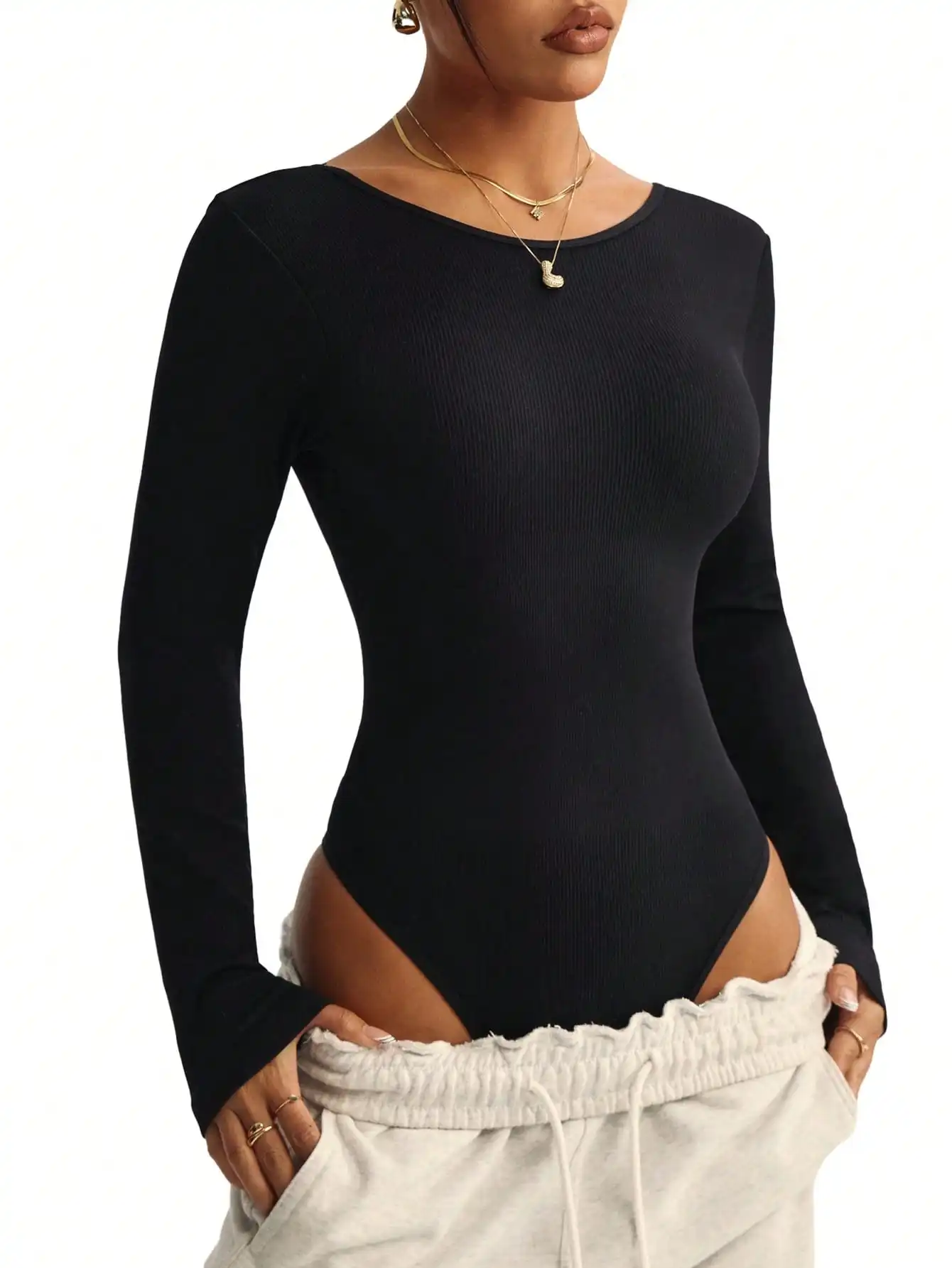 Women Seamless Shapewear Bodysuit Long Sleeve Ribbed Tummy Control Black Deep Square Back Jumpsuit for Yoga Gym Daily 10 S6526f1790dfd463dac0380f661ece7e0a