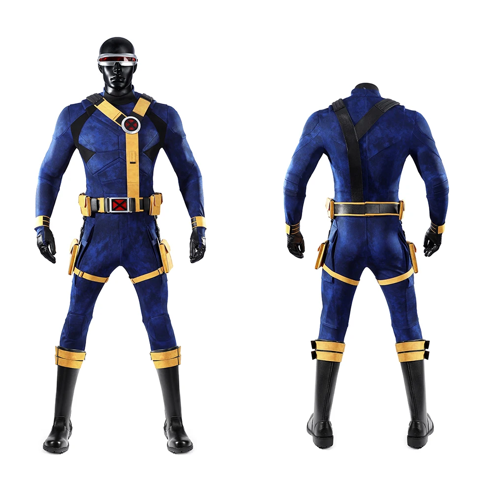 

Cyclops Cosplay Doomsday Scott Summers Battle Suit Mens Top Pants Strap Fullset Costume for Halloween Party