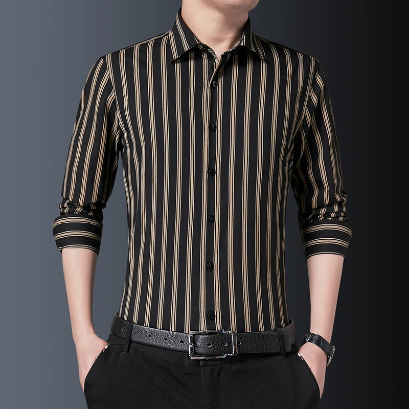 

Brand Fashion Striped Shirts for Men 2022 New Turn-Down Collar Longsleeve Shirts Men Smart Casual Slim Work Clothes Men