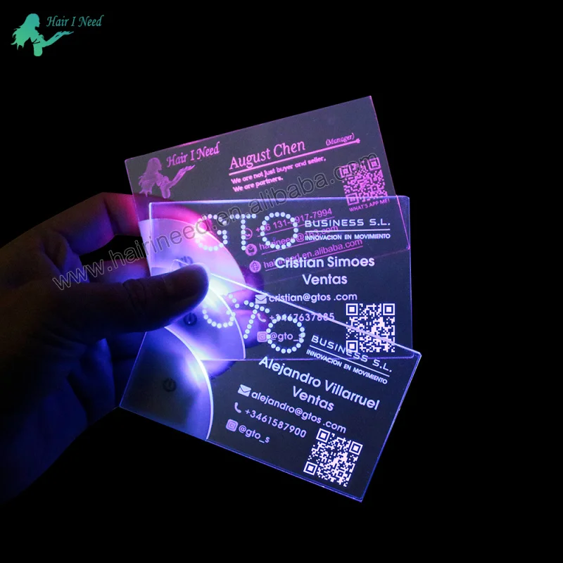 Customized low MOQ LED Acrylic Business Cards with Logo Glow in the Dark Luminous Name Card Light up Business Card Printing