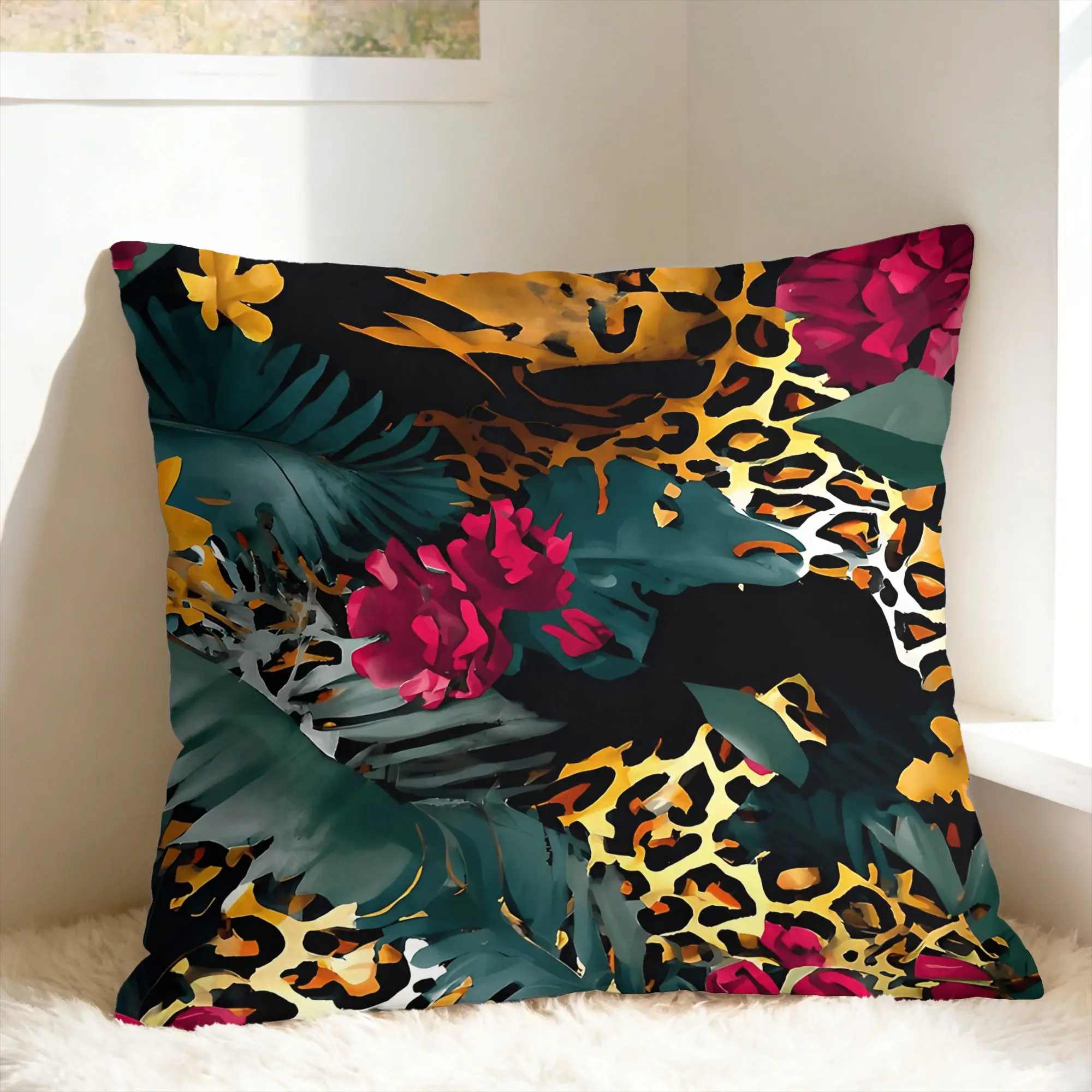 Leopard & Tropical Floral Pillow Cover  Funny Pillow Case For Sofa Home Decoration Square Pillowcases Gift