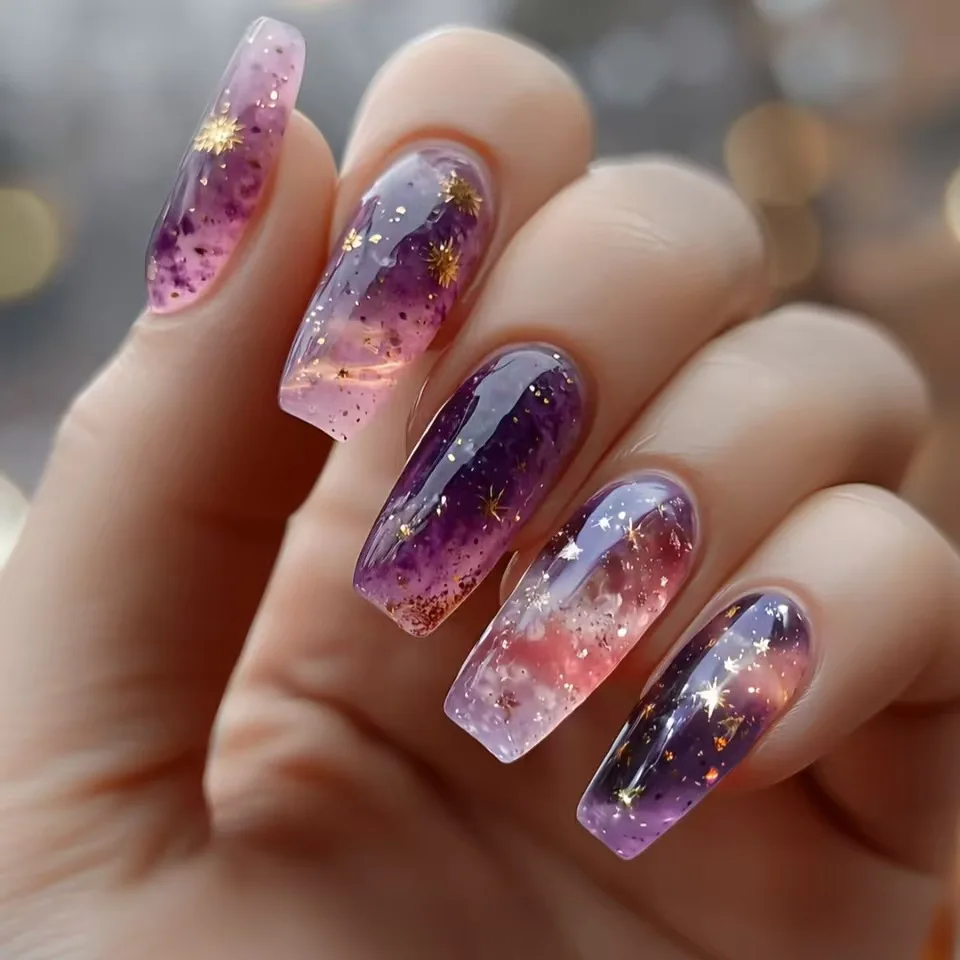 

24pcs/set Y2K fake nails short middle ballet square nail tips Dreamy Violet Universe Starry sky design press on false nails art