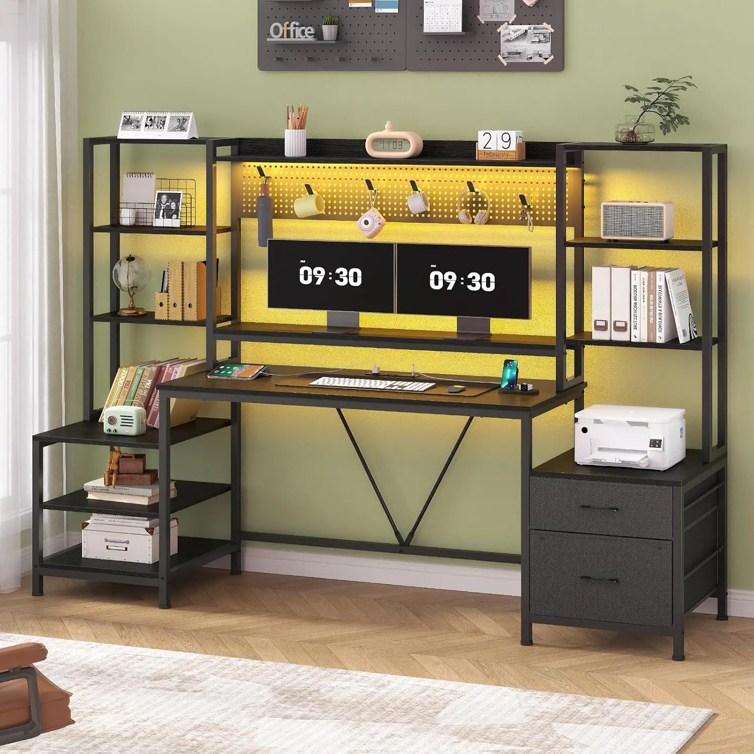 Computer Desk with Power Outlets, 81.9in Home Office Desk with Monitor Stand, Gaming Desk with LED Light