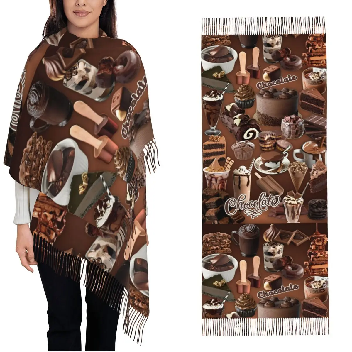 

Шарф из шоколадного торта и мороженого с кисточкой, сохраняющие тепло шали и накидка, унисекс, новый дизайн, головные уборы, шарфы, зимний платок