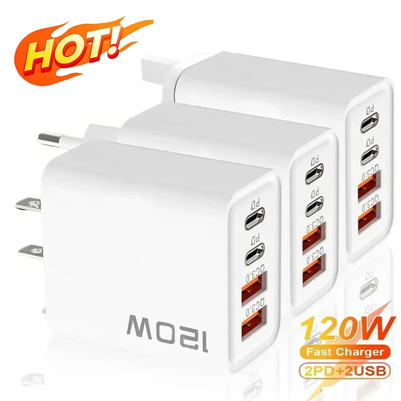 2026 PD 120W 4 Ports USB C Charger Quick Charge 3.0 Type C USB Phone Chargers Fast Charging Adapter for Samsung Xiaomi Huawei