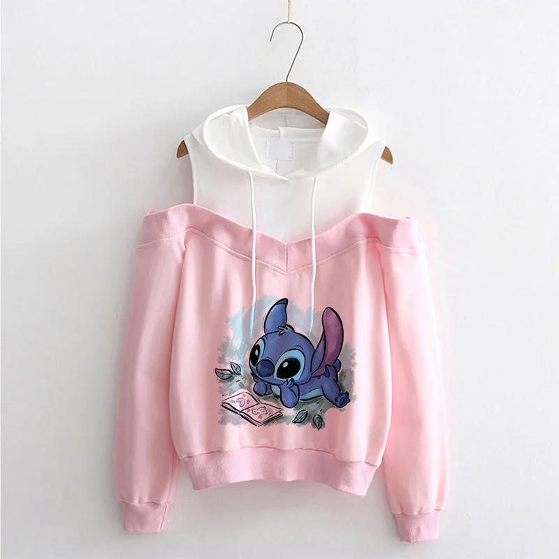 Kawaii Disney Lilo Stitch Cartoon off ramię bluzy damskie Harajuku śliczne Stitch Anime bluza Manga Streetwear bluza z kapturem kobieta