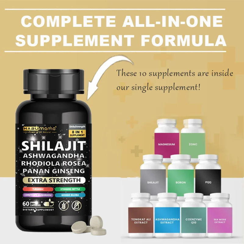 Shilajit 8 In1 - Panax Ginseng  Ashwagandha Rhodiola Rosea Turmeric Gingko Biloba Stinging Nettle Cordyceps Mushroom (60 Caps)