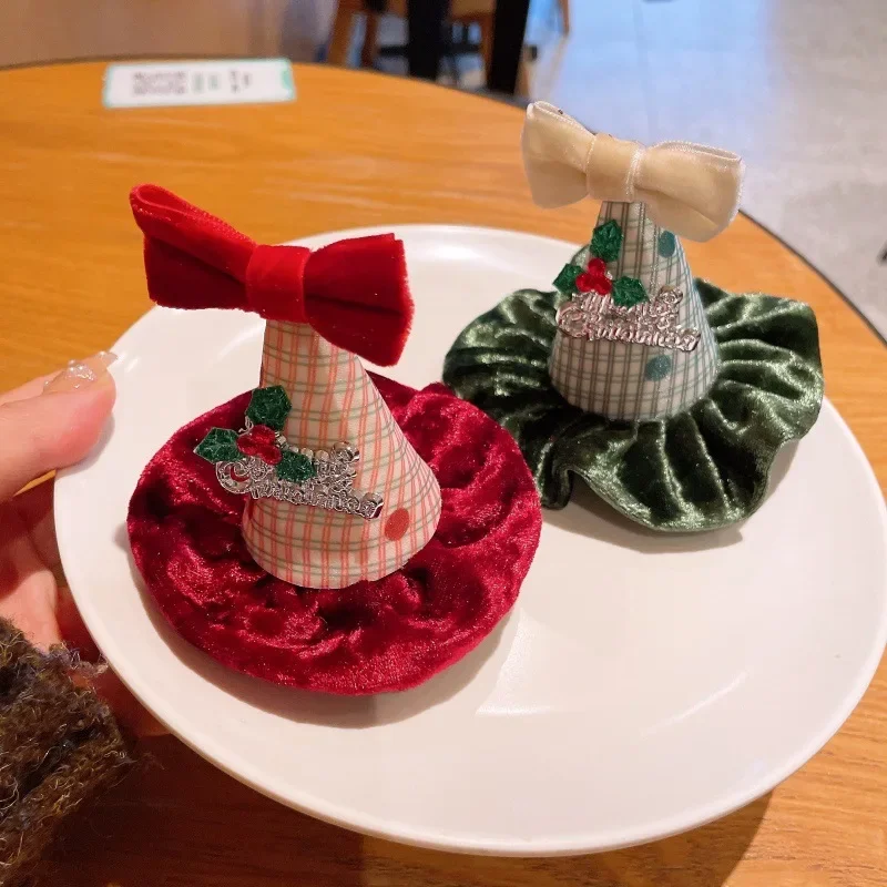 Jepit Rambut Topi Natal Anak Perempuan Jepit Rambut Natal Anak-anak Hiasan Kepala Pita Merah Hijau Aksesori Rambut Dekoratif Natal Wanita ZX07