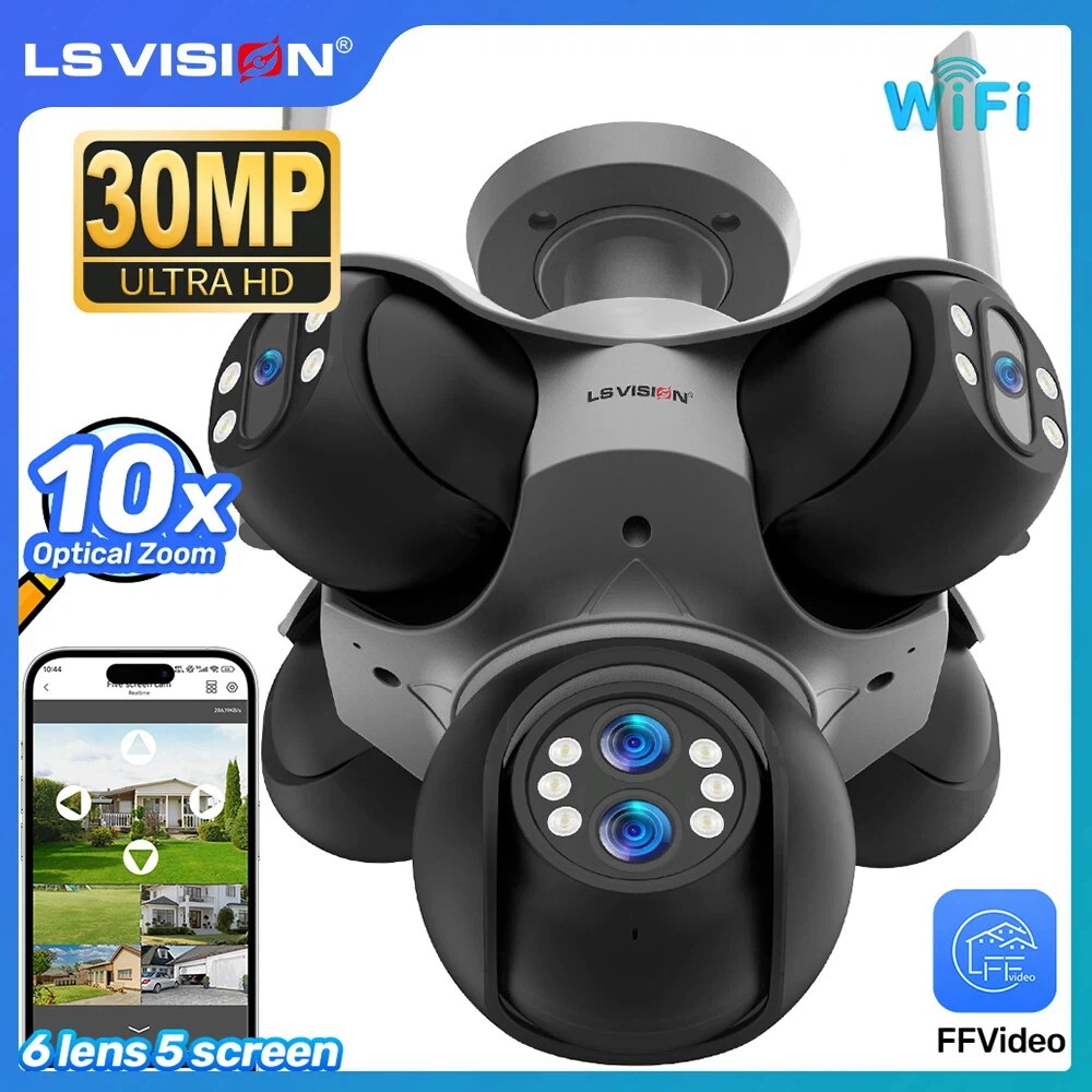 

LS VISION 30MP Five Screens WiFi IP Camera 10X Optical Zoom Outdoor Five PTZ Six Lens Human Auto Tracking Surveillance Cameras