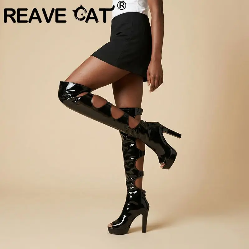 REAVE CAT Red Over Knee High Sandals Peep Toe 12cm Block Heel 3cm Platform Zipper Elastic Band Big Size 44 45 Sexy Party Shoes