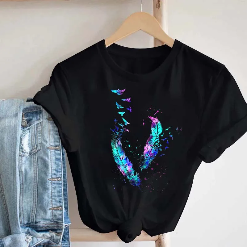 T-shirt manches courtes femme, streetwear des années 90, avec plume d'interconnexion graphique imprimée