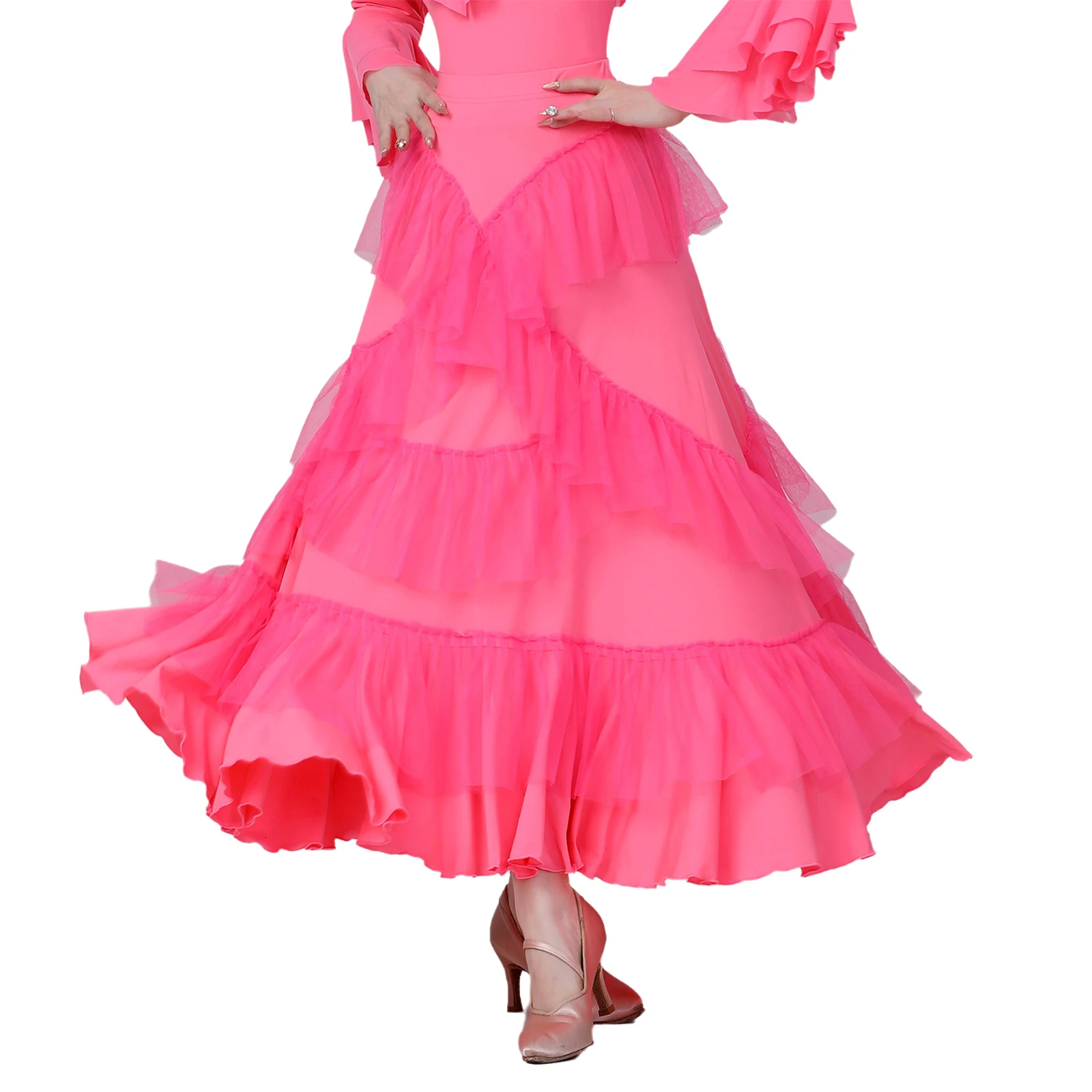 Women Ballroom Flamenco Dance Skirts Party Dresses High Waist Mesh Tiered Ruffles Skirted for Practice Performance Competition