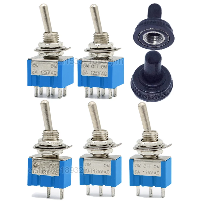 5Pcs Light Blue Toggle Switch ON-OFF-ON / ON-OFF 3Pin 6Pin 3 Position Latching MTS-102 MTS-202 AC 125V/6A 250V/3A Waterproof Cap