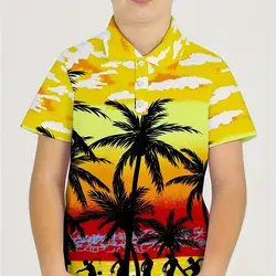 Fashion Casual Lapel Short Sleeve Polo Shirts Boys Children 3D Print Coconut Tree Pattern Summer Kids Beach Tops Shirt Clothing